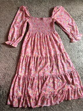 R.YIPOSHA floral midi dress smocked bodice and tiered ruffle skirt Sz L